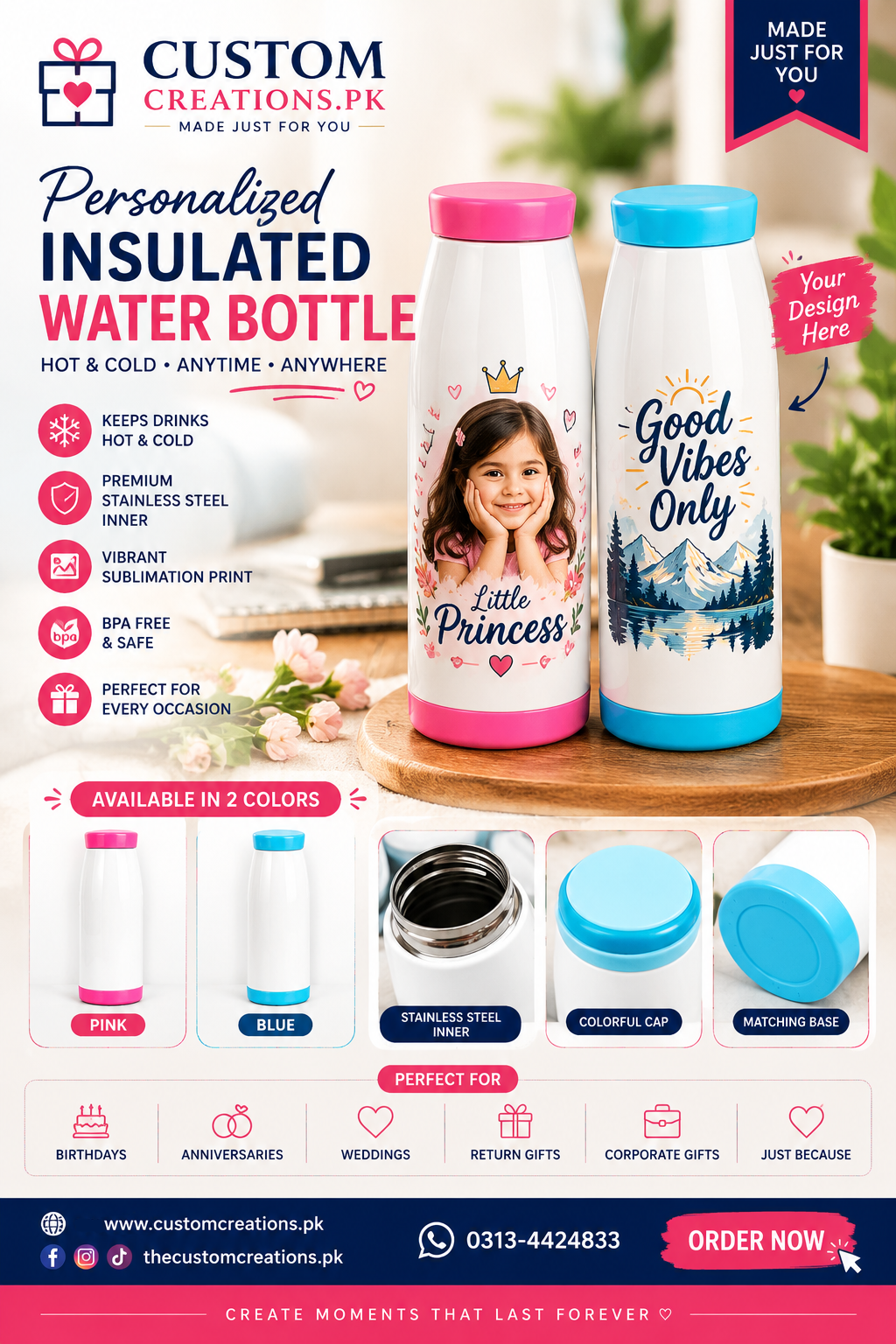 Personalized Insulated Water Bottle – Custom Photo & Name Bottle