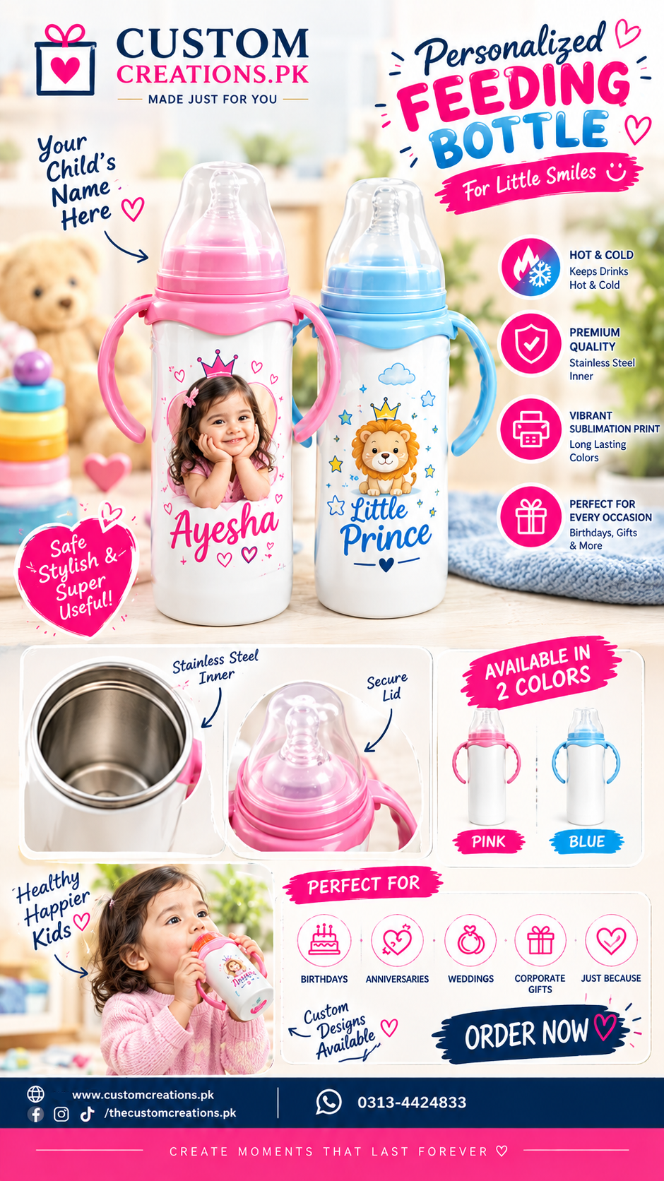 Personalized Baby Feeding Bottle – Custom Photo & Name Sublimation Bottle