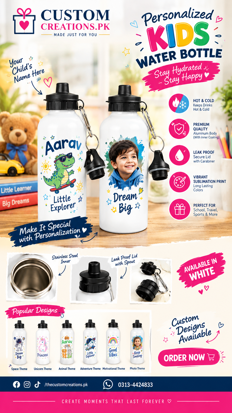 Personalized 600ml Kids Water Bottle – Custom Name & Photo