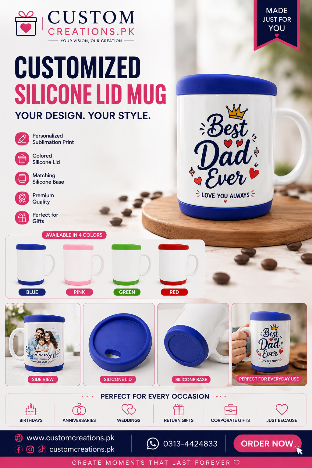 Personalized Sublimation Mug with Silicone Lid & Matching Base